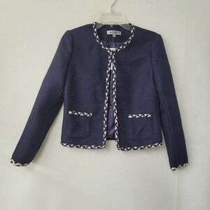 WD.NY‎ Tweed Jacket Womens XS Navy Blue Gold Braided Trim Pockets Career New